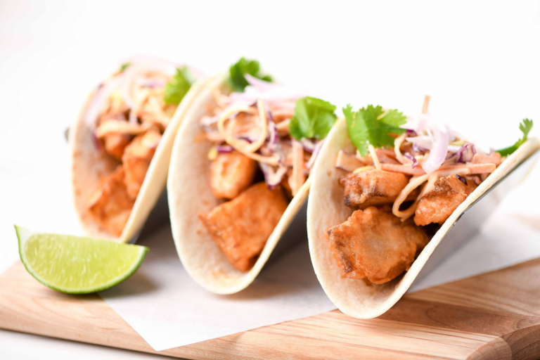 Baja Fish Tacos with Sriracha Slaw and Pickled Shallot