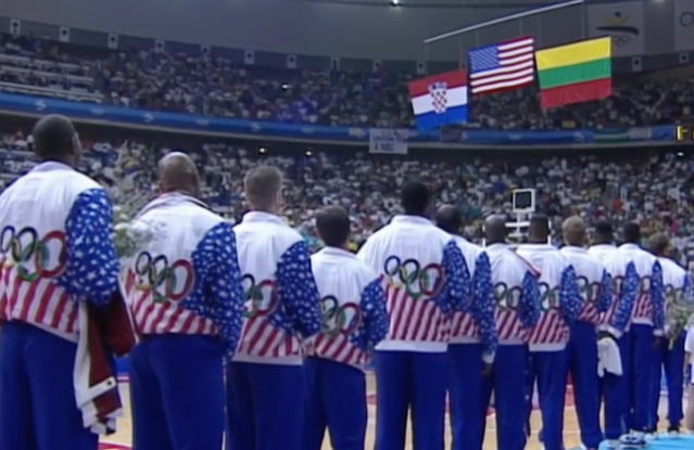 Dream Team With Flag Rising During National Anthem