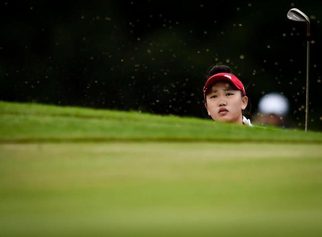 Lucy Li of United States watches her shot during day 5 of Buenos Aires 2018 Youth Olympic Games at Hurlingham Club on October 11, 2018 in Buenos Aires, Argentina