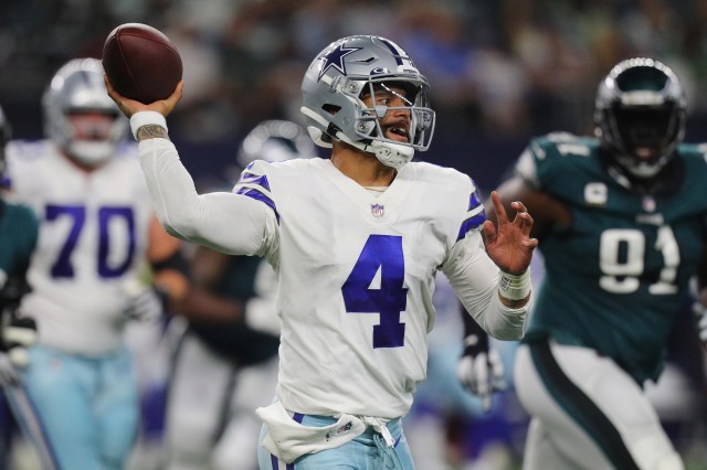 Dak Prescott #4 of the Dallas Cowboys throws a first half pass while playing the Philadelphia Eagles at AT&T Stadium 