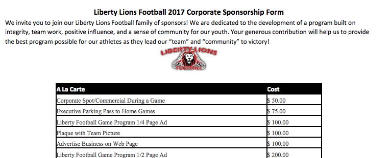Liberty Lions Sponsorship Form