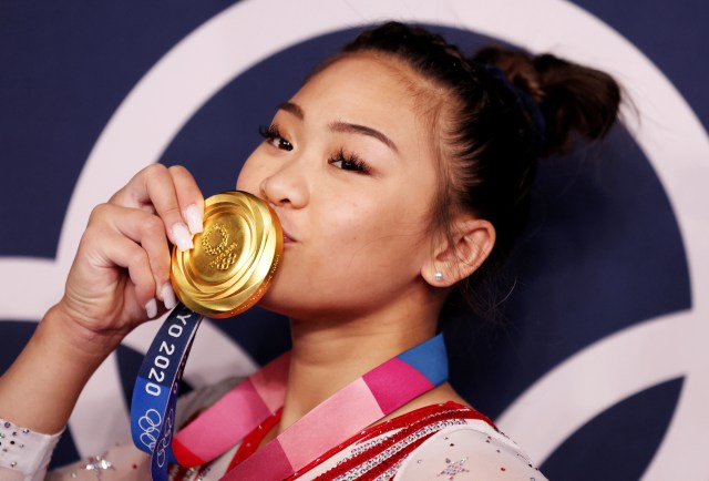 Sunisa Lee of Team United States poses with her gold medal after winning the Women's All-Around Final on day six of the Tokyo 2020 Olympic Games at Ariake Gymnastics Centre on July 29, 2021 in Tokyo, Japan.
