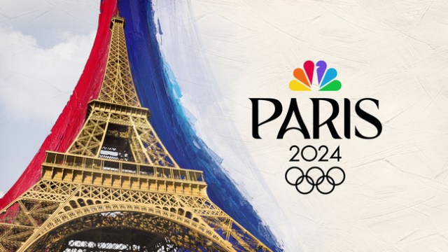 Promotional image for Paris 2024 Olympics, featuring the Eiffel Tower with a backdrop of the French flag colors and the official Olympic rings logo, along with the NBC logo.
