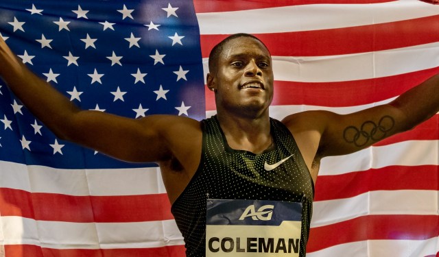 Christian Coleman of the United States after running 9.79s for the mens 100m sprint.