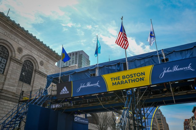 Boston, MA - 4/14/19: A media bridge crosses Boylston St at the finish line on the weekend before the running of the Boston Marathon