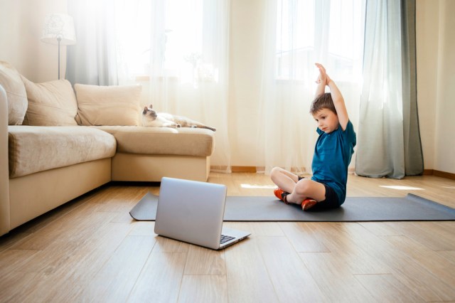 he boy doing physical exercises, watching video lesson online