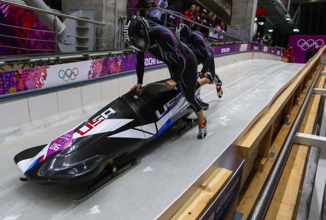 United States 3 team at two-man bobsleigh heat at Sochi 2014 XXII Olympic Winter Games