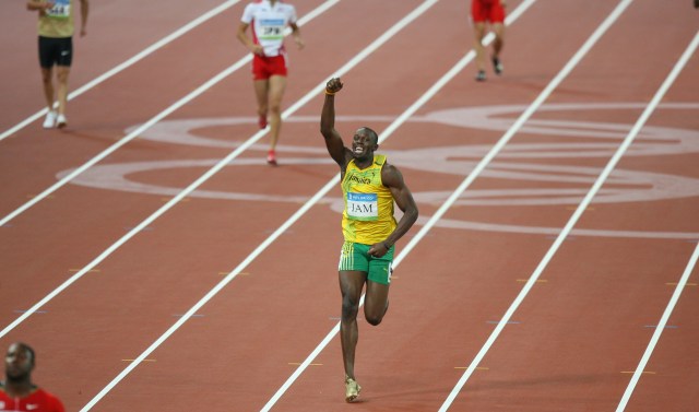 Usain Bolt crossing the finish line in 2008