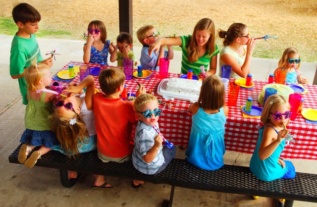 Kids at an outdoor birthday party and picnic
